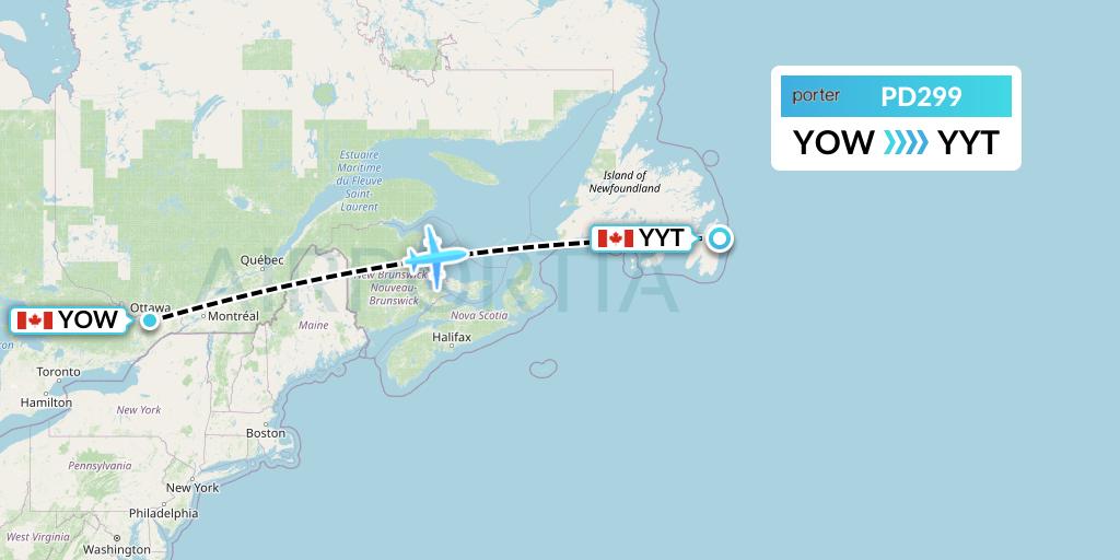 PD299 Porter Airlines Flight Map: Ottawa to St. John's