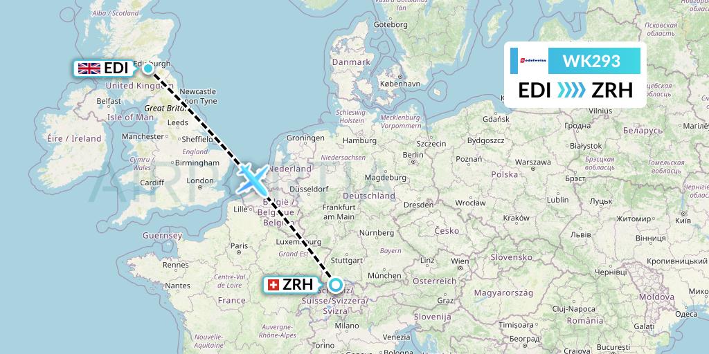 WK293 Edelweiss Air Flight Map: Edinburgh to Zurich