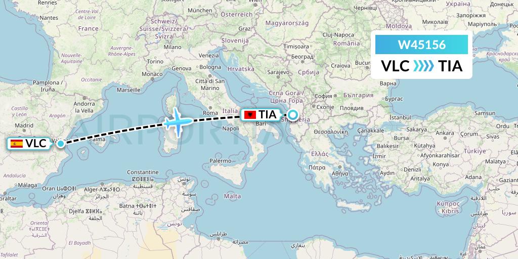 W45156 Wizz Air Malta Flight Map: Valencia to Tirana