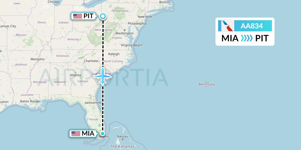 AA834 American Airlines Flight Map: Miami to Pittsburgh