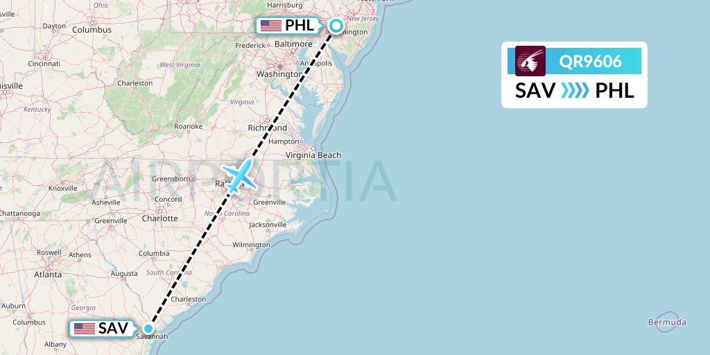 QR9606 Qatar Airways Flight Map: Savannah to Philadelphia
