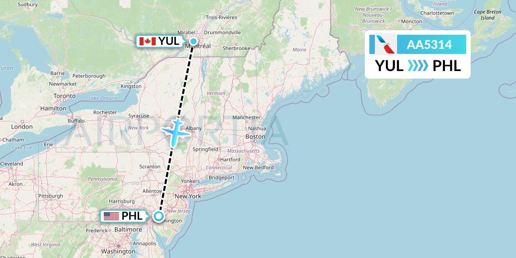 AA5314 American Airlines Flight Map: Montreal to Philadelphia