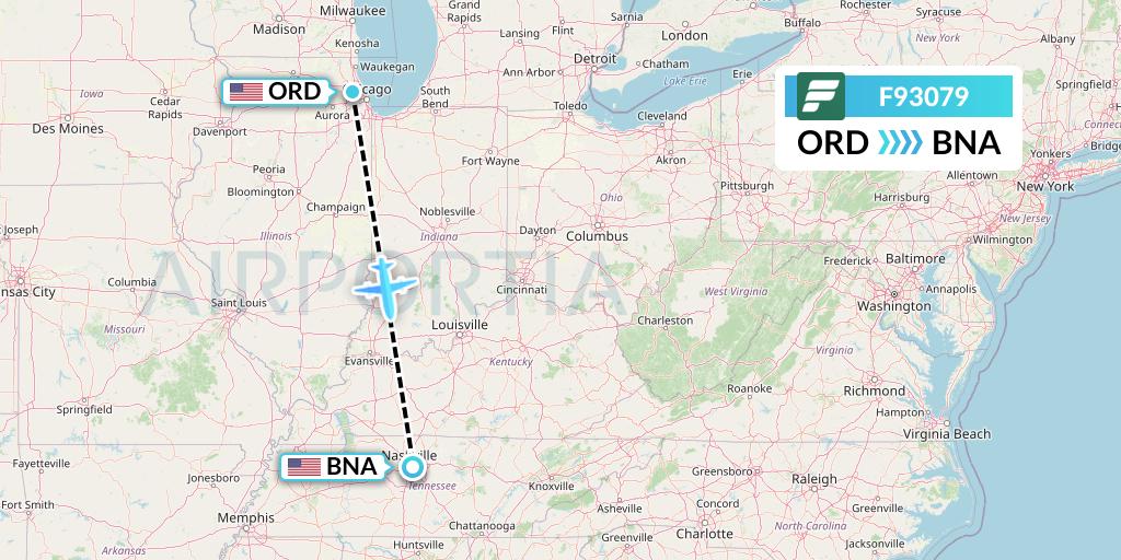 F93079 Frontier Airlines Flight Map: Chicago to Nashville