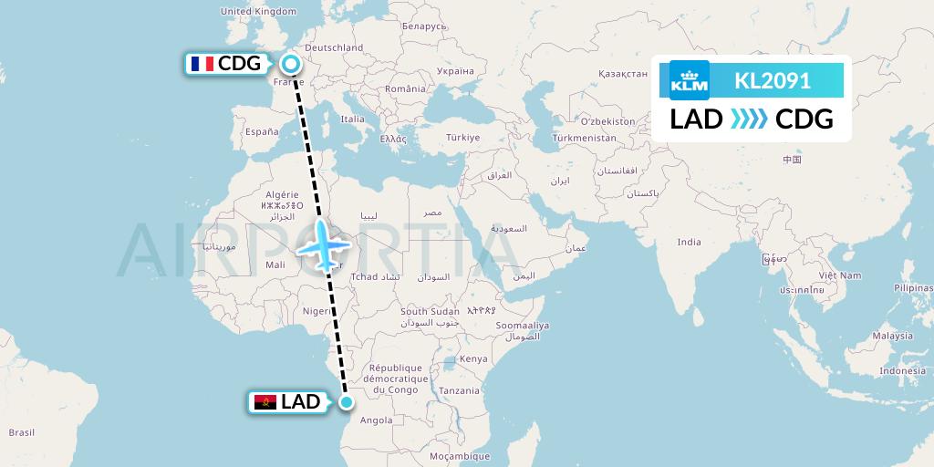 KL2091 KLM Flight Map: Luanda to Paris