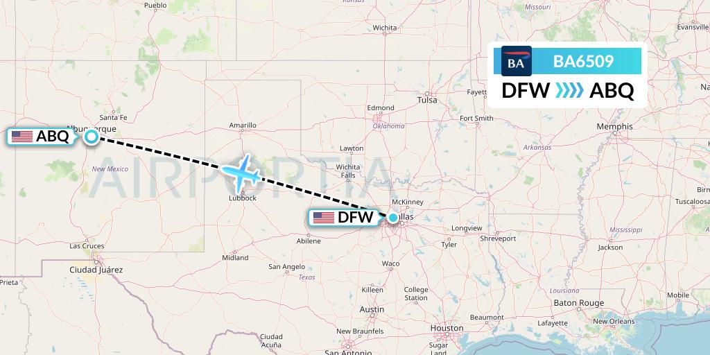 BA6509 British Airways Flight Map: Dallas to Albuquerque