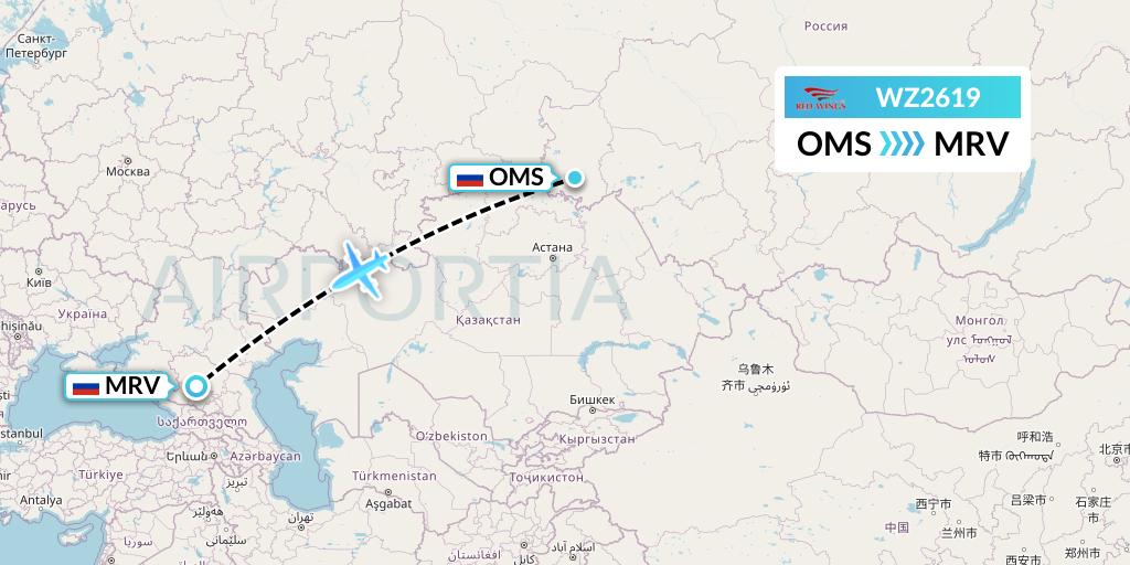 WZ2619 Red Wings Flight Map: Omsk to Mineralnye Vody