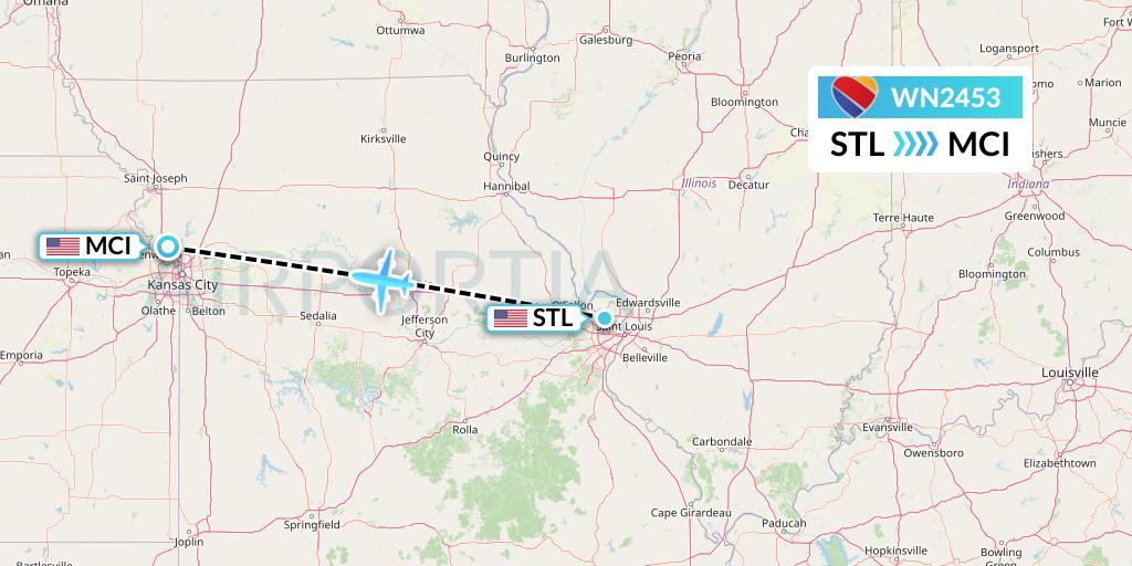 WN2453 Southwest Airlines Flight Map: St. Louis to Kansas City
