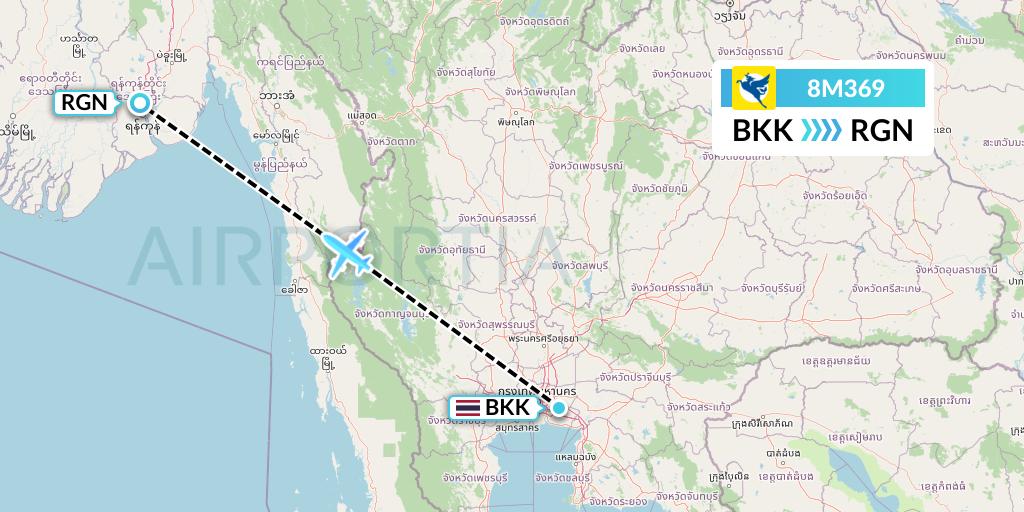 8M369 Myanmar Airways International Flight Map: Bangkok to Yangon
