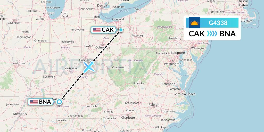 G4338 Allegiant Air Flight Map: Akron to Nashville