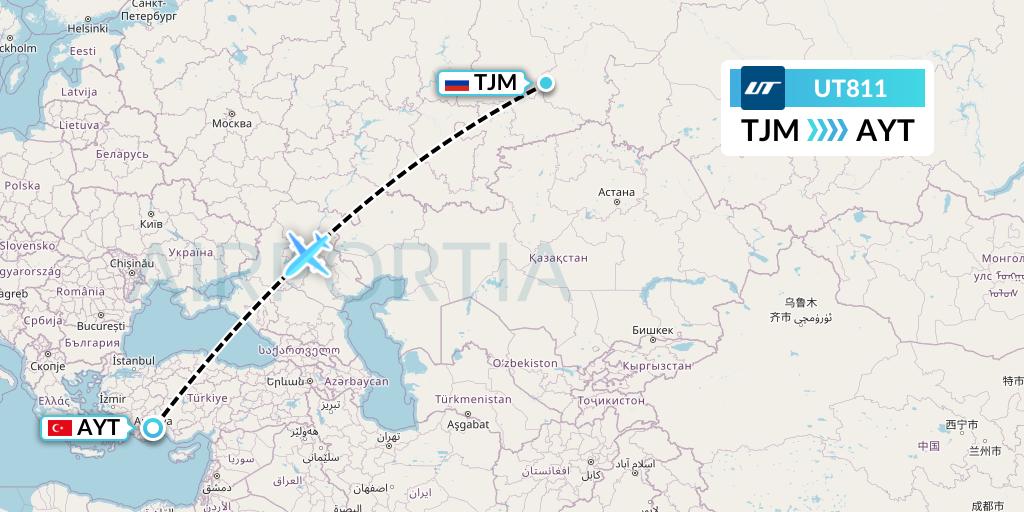 UT811 UTair Flight Map: Tyumen to Antalya