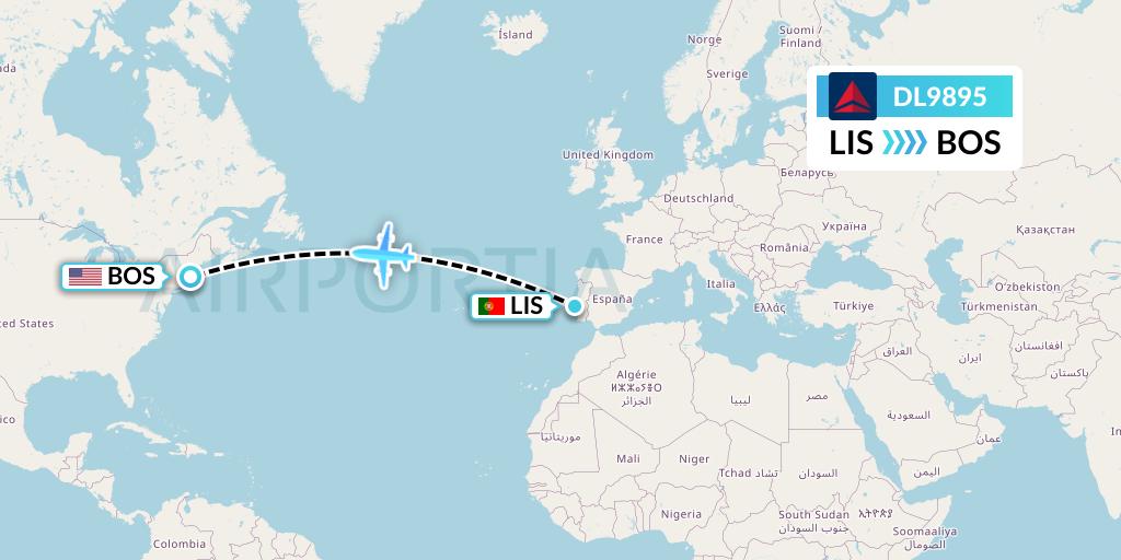 DL9895 Delta Air Lines Flight Map: Lisbon to Boston