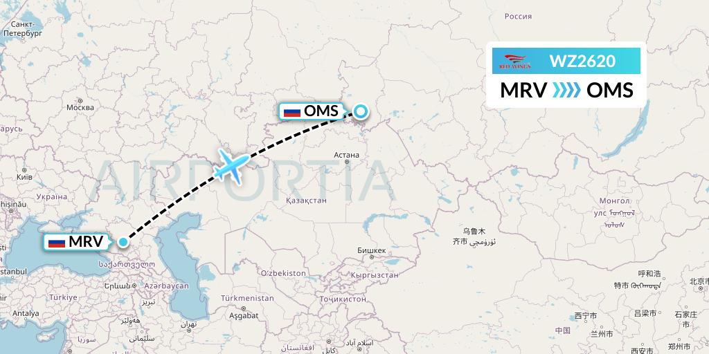 WZ2620 Red Wings Flight Map: Mineralnye Vody to Omsk