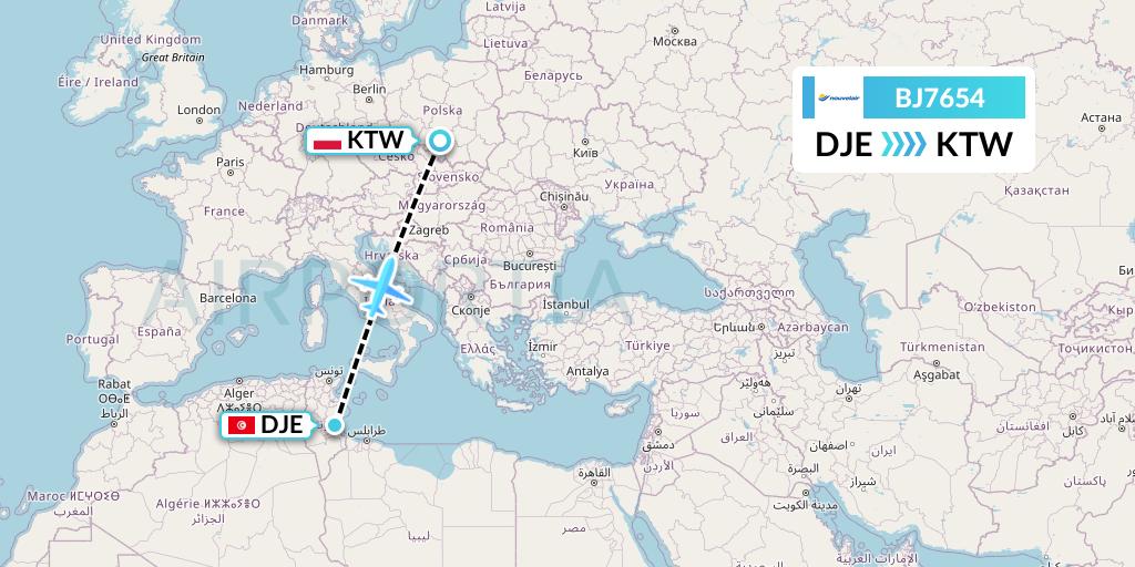 BJ7654 Nouvelair Tunisie Flight Map: Djerba to Katowice