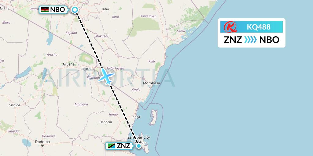 KQ488 Kenya Airways Flight Map: Zanzibar to Nairobi