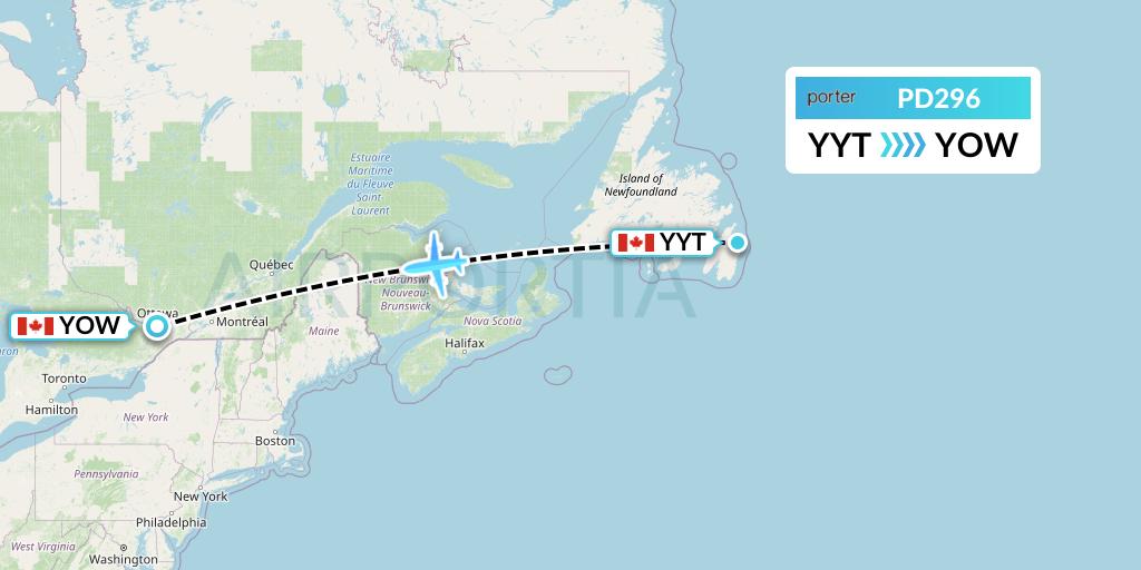 PD296 Porter Airlines Flight Map: St. John's to Ottawa