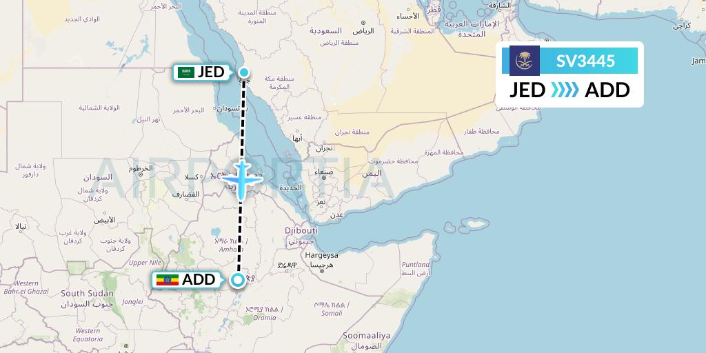 SV3445 Saudi Arabian Airlines Flight Map: Jeddah to Addis Ababa