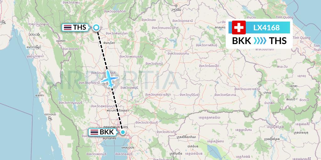 LX4168 Swiss Flight Map: Bangkok to Sukhothai