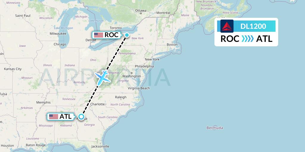 DL1200 Delta Air Lines Flight Map: Rochester to Atlanta