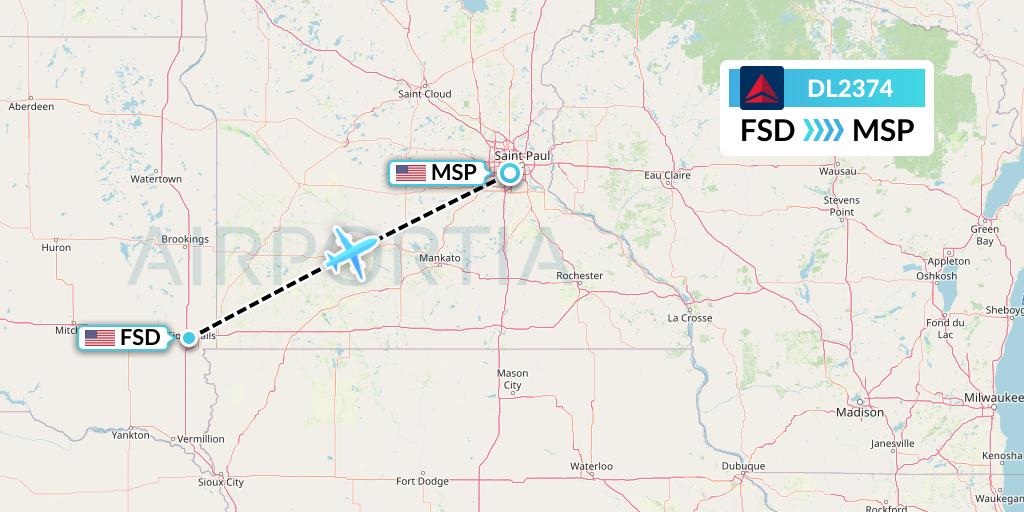 DL2374 Delta Air Lines Flight Map: Sioux Falls to Minneapolis