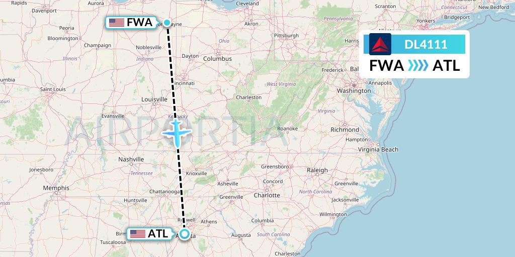 DL4111 Delta Air Lines Flight Map: Fort Wayne to Atlanta
