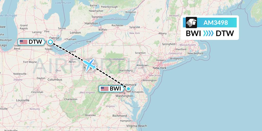 AM3498 Aeromexico Flight Map: Baltimore to Detroit