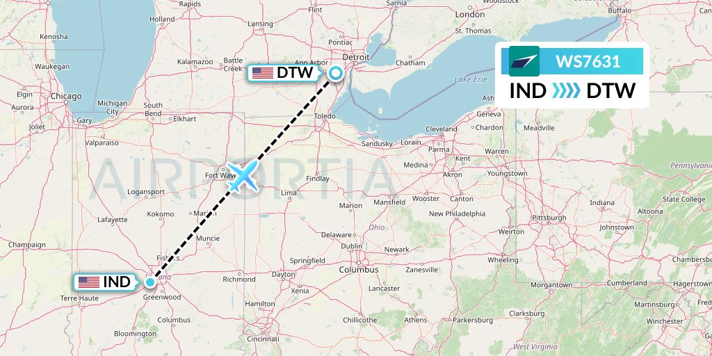 WS7631 WestJet Flight Map: Indianapolis to Detroit