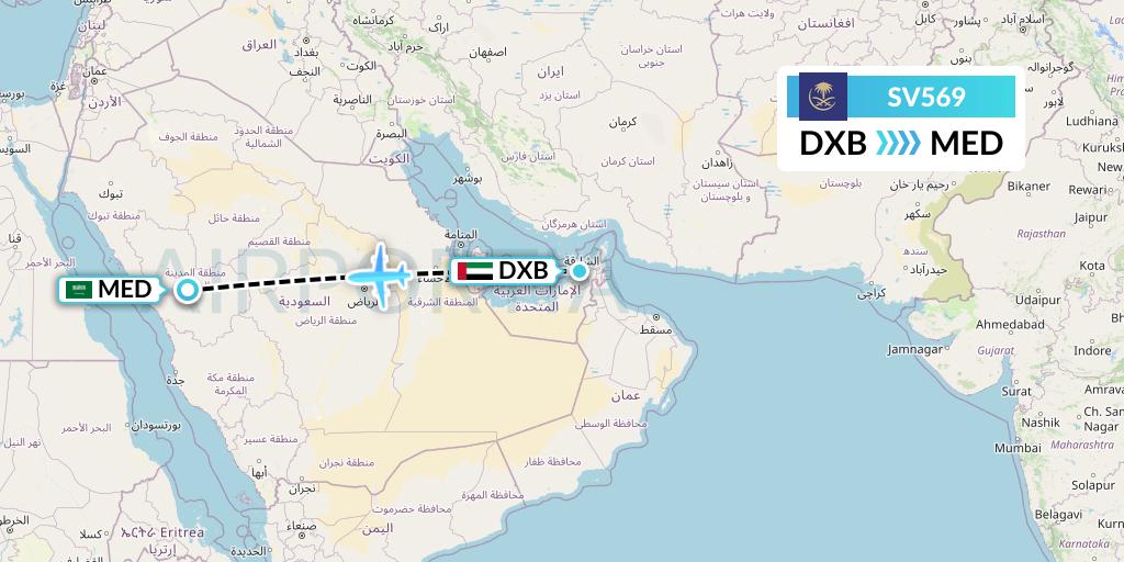 SV569 Saudi Arabian Airlines Flight Map: Dubai to Medina
