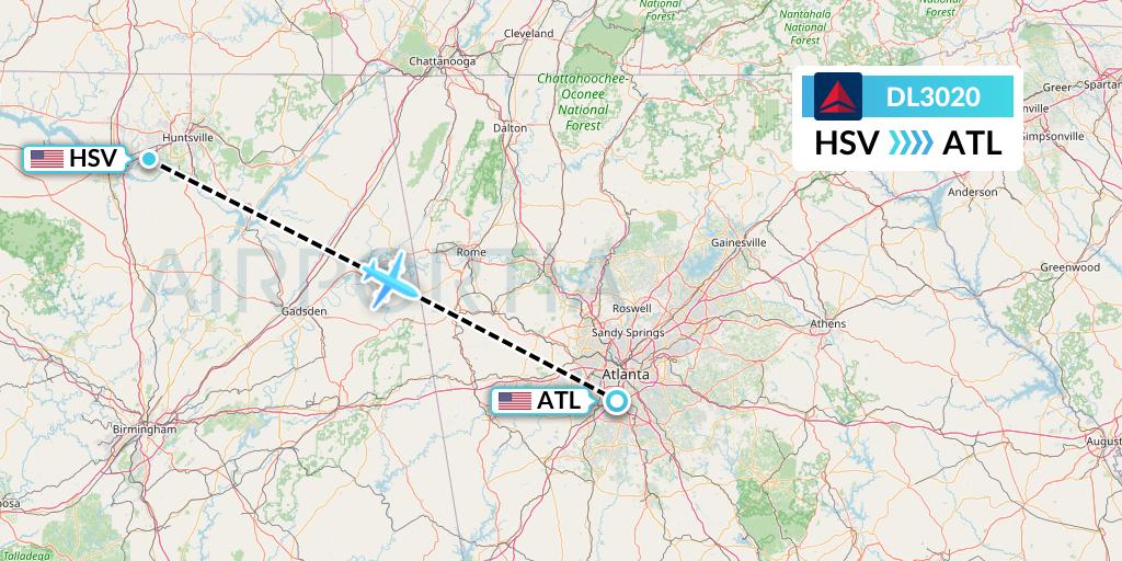 DL3020 Delta Air Lines Flight Map: Huntsville to Atlanta