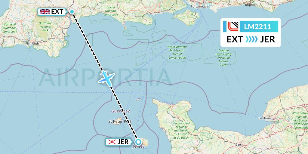 LM2211 Loganair Flight Map: Exeter to Jersey