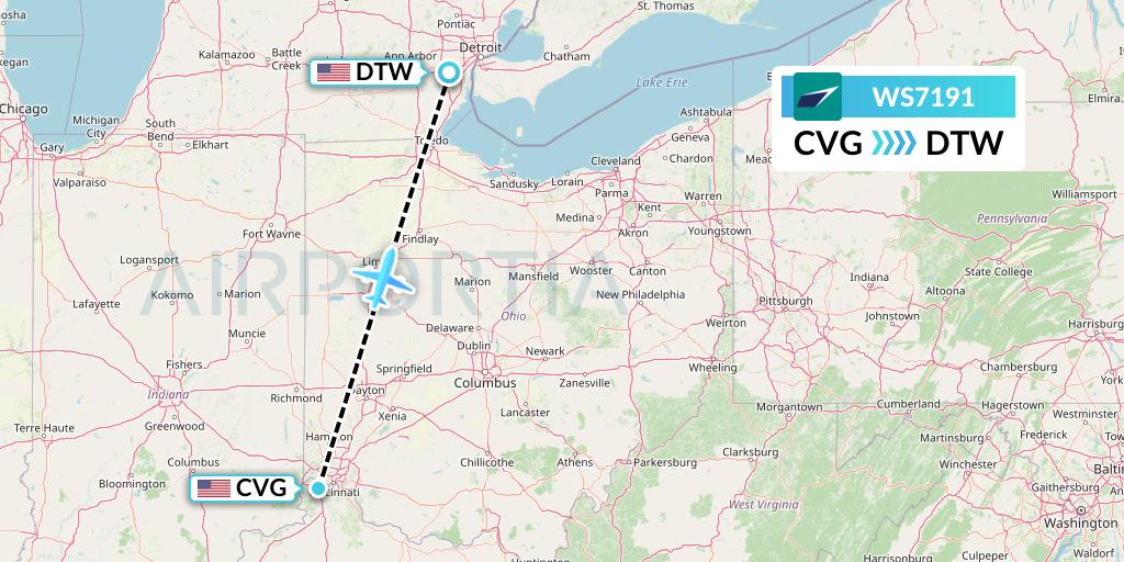 WS7191 WestJet Flight Map: Cincinnati to Detroit