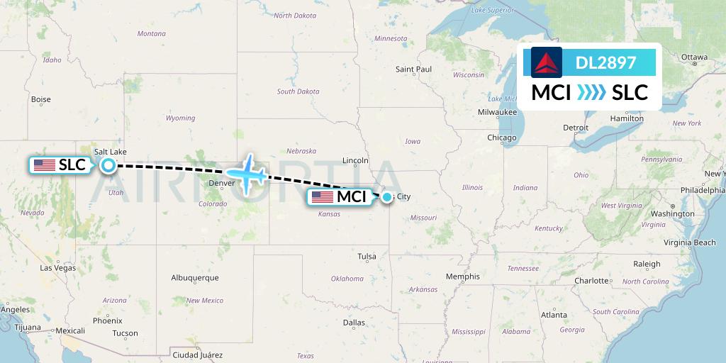DL2897 Delta Air Lines Flight Map: Kansas City to Salt Lake City