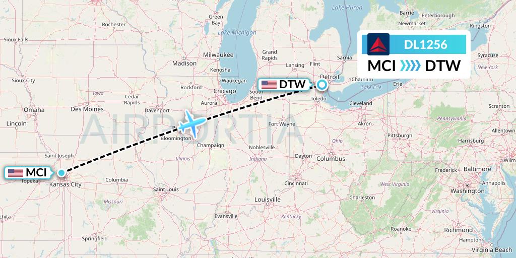 DL1256 Delta Air Lines Flight Map: Kansas City to Detroit