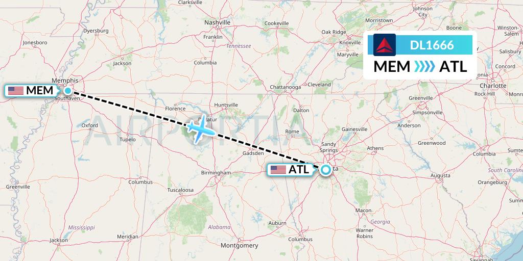 DL1666 Delta Air Lines Flight Map: Memphis to Atlanta