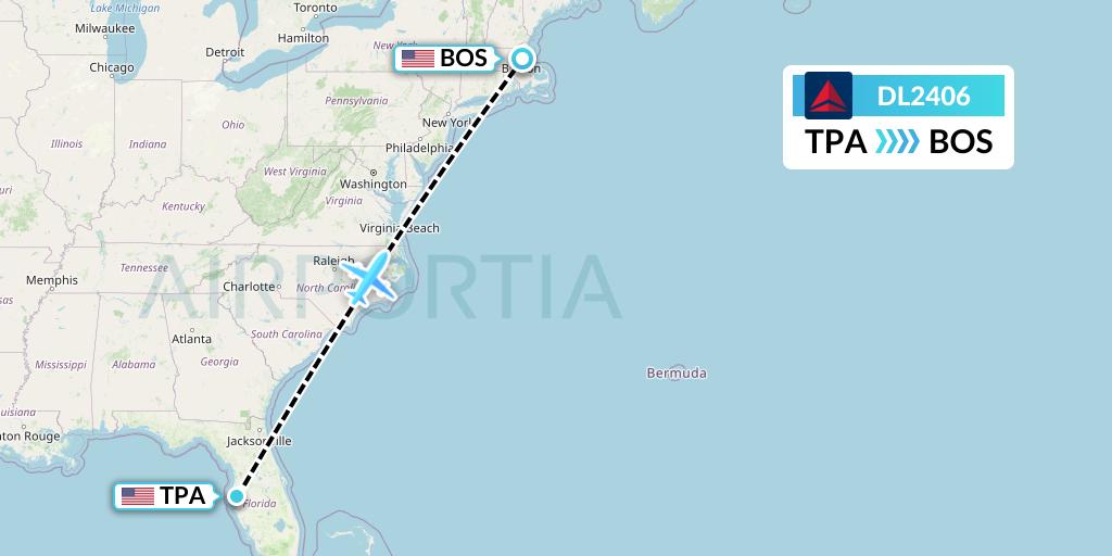 DL2406 Delta Air Lines Flight Map: Tampa to Boston