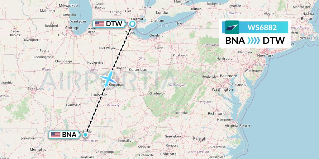 WS6882 WestJet Flight Map: Nashville to Detroit