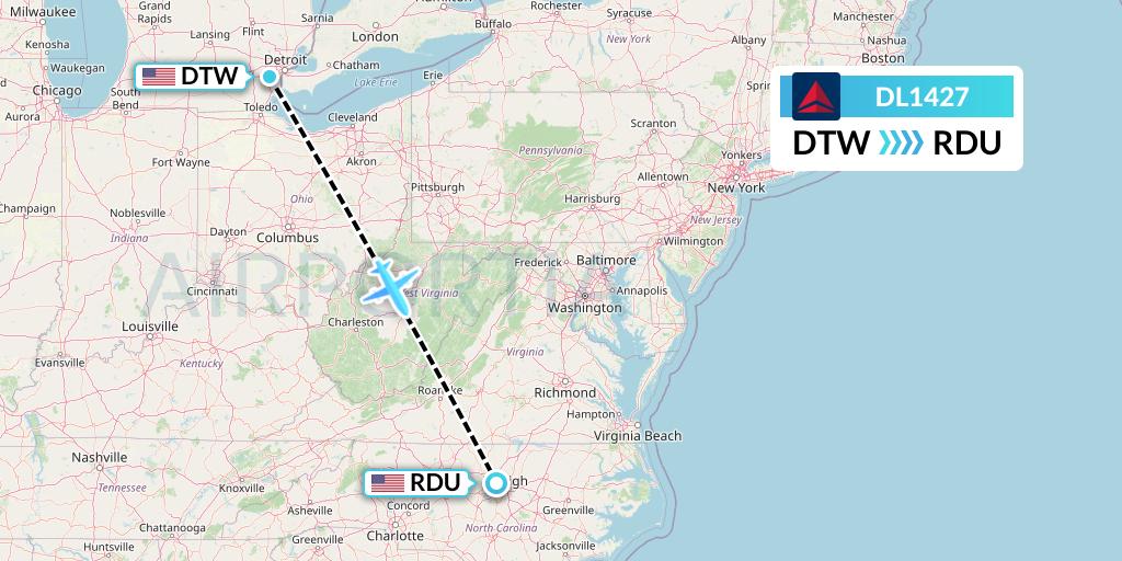 DL1427 Delta Air Lines Flight Map: Detroit to Raleigh-Durham