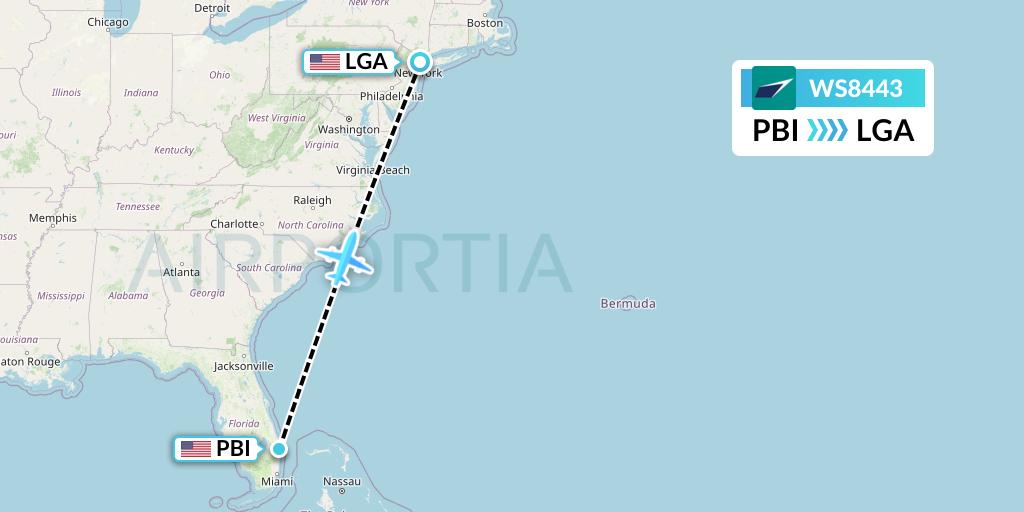 WS8443 WestJet Flight Map: West Palm Beach to New York