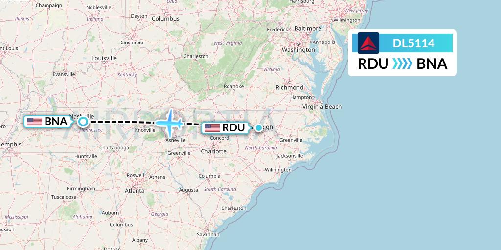 DL5114 Delta Air Lines Flight Map: Raleigh-Durham to Nashville