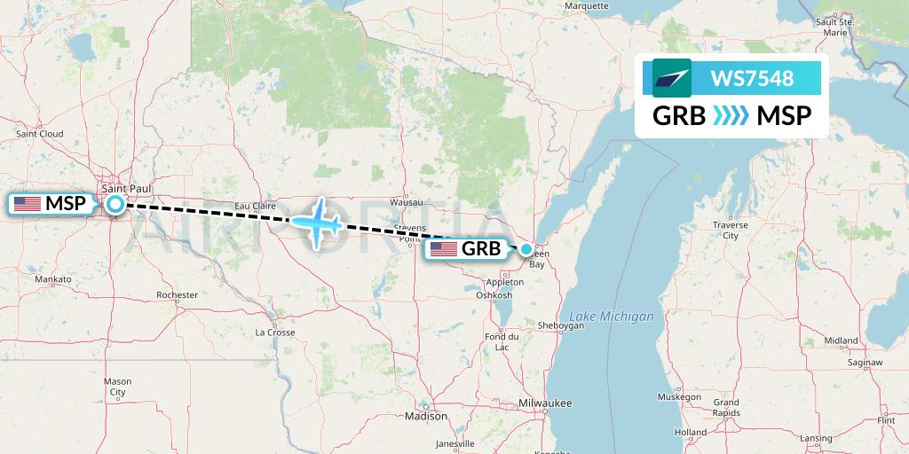 WS7548 WestJet Flight Map: Green Bay to Minneapolis