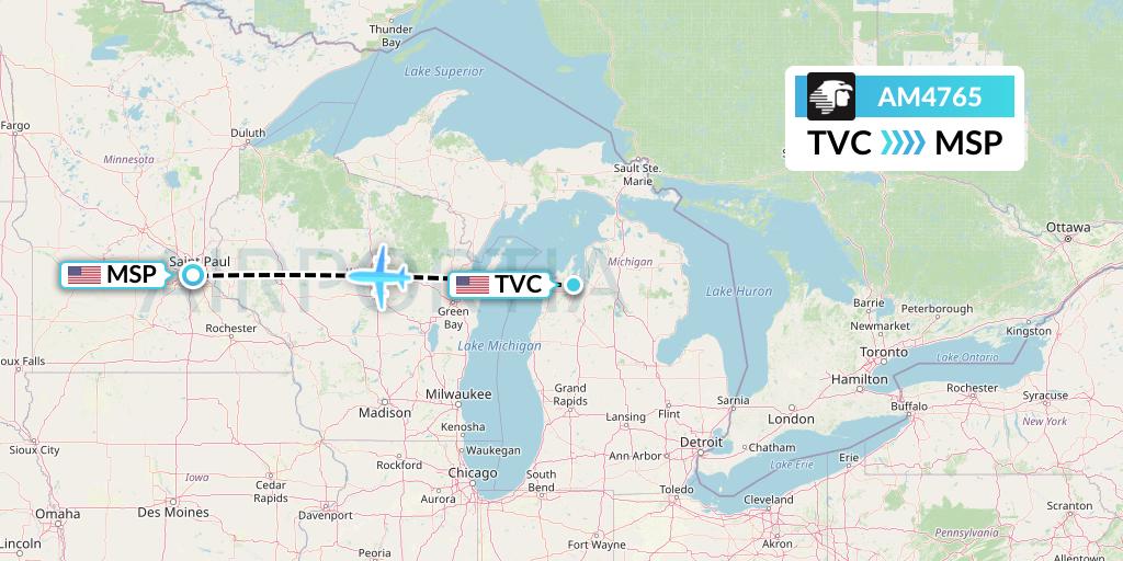 AM4765 Aeromexico Flight Map: Traverse City to Minneapolis
