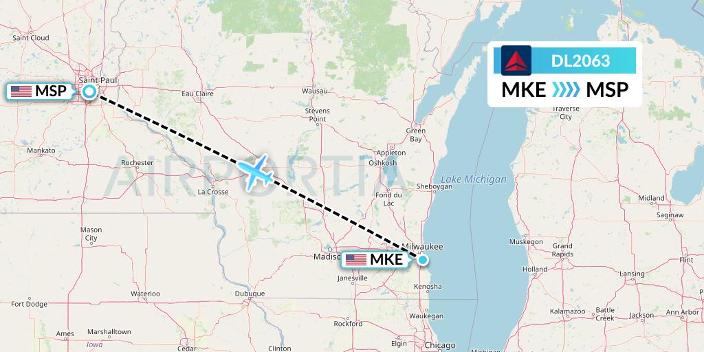 DL2063 Delta Air Lines Flight Map: Milwaukee to Minneapolis
