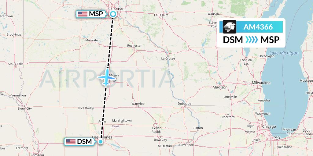 AM4366 Aeromexico Flight Map: Des Moines to Minneapolis