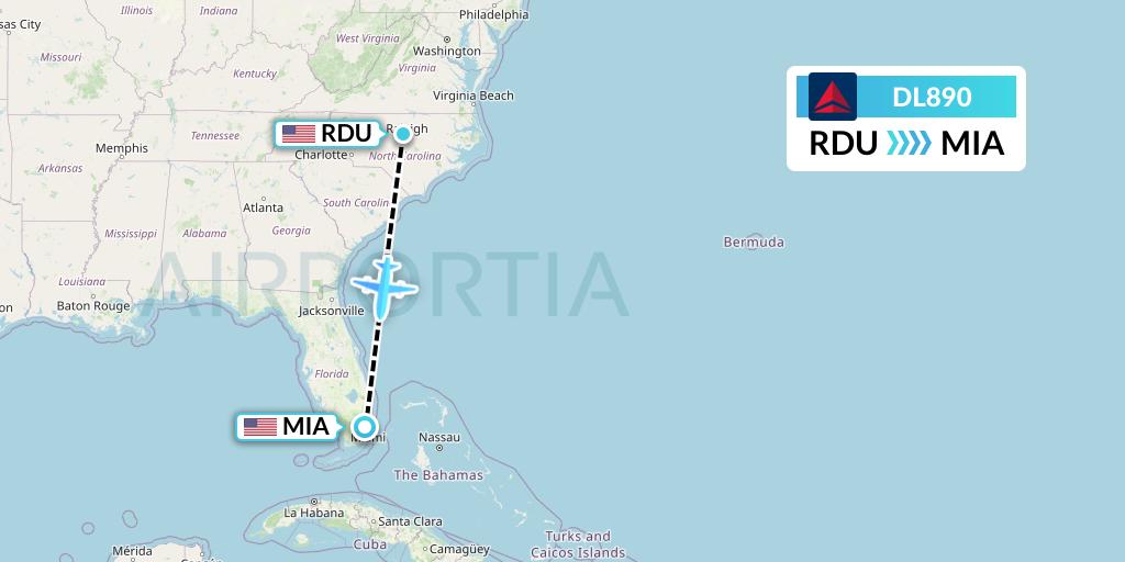 DL890 Delta Air Lines Flight Map: Raleigh-Durham to Miami