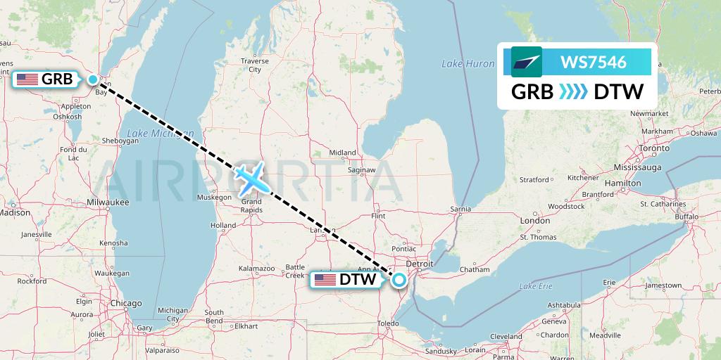 WS7546 WestJet Flight Map: Green Bay to Detroit