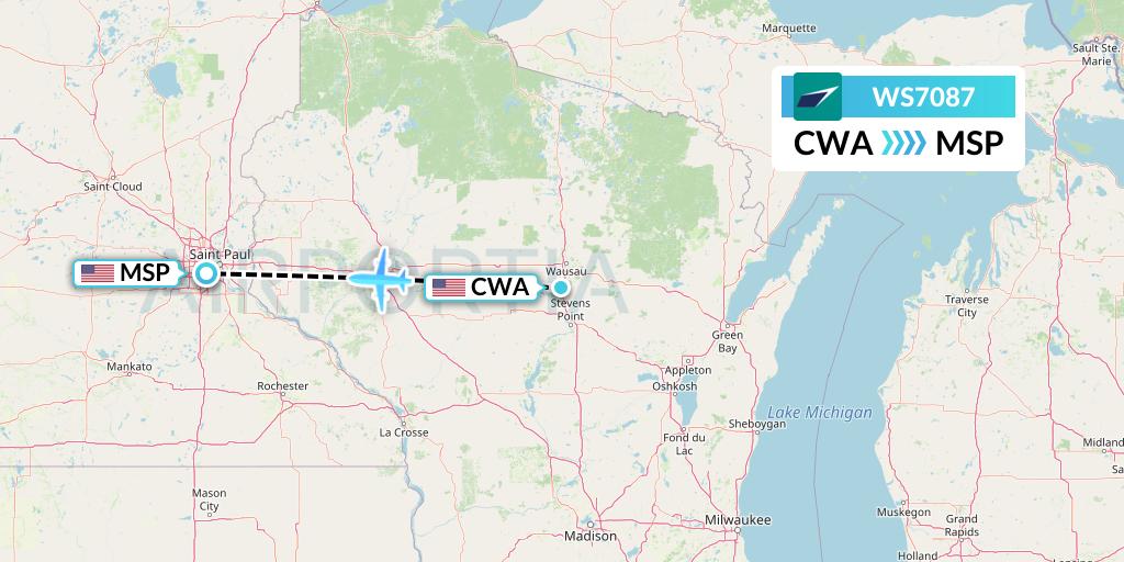 WS7087 WestJet Flight Map: Wausau to Minneapolis