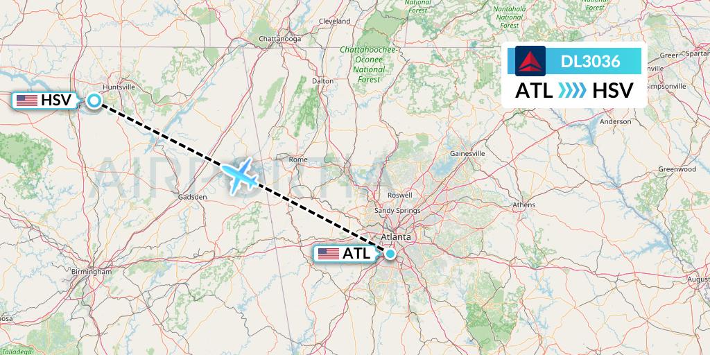 DL3036 Delta Air Lines Flight Map: Atlanta to Huntsville
