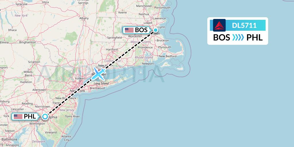 DL5711 Delta Air Lines Flight Map: Boston to Philadelphia