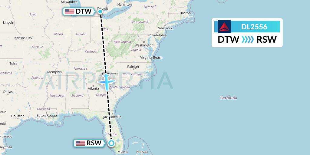 DL2556 Delta Air Lines Flight Map: Detroit to Fort Myers