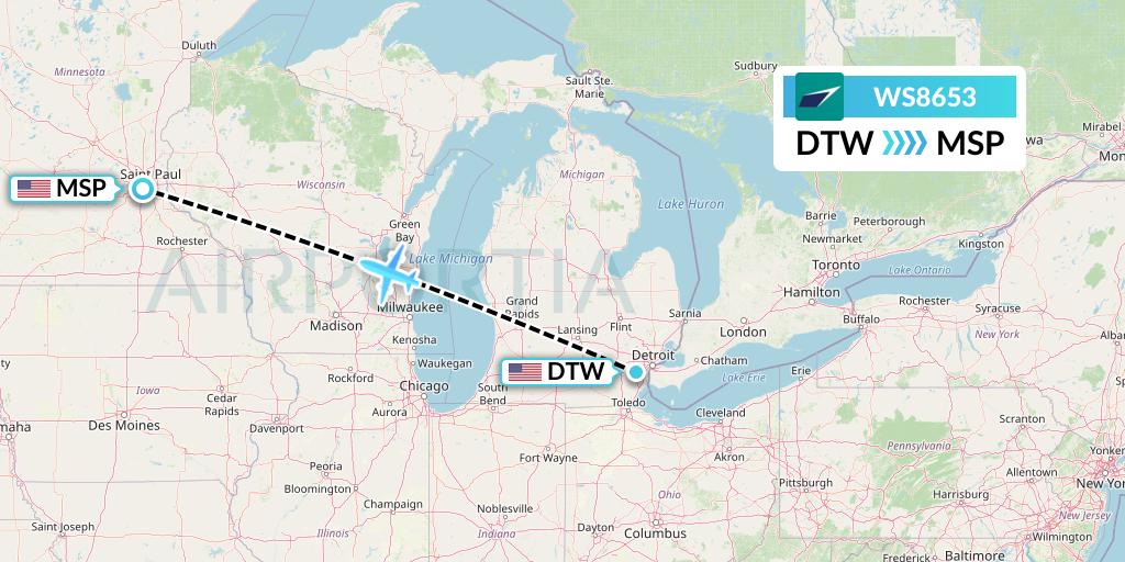 WS8653 WestJet Flight Map: Detroit to Minneapolis