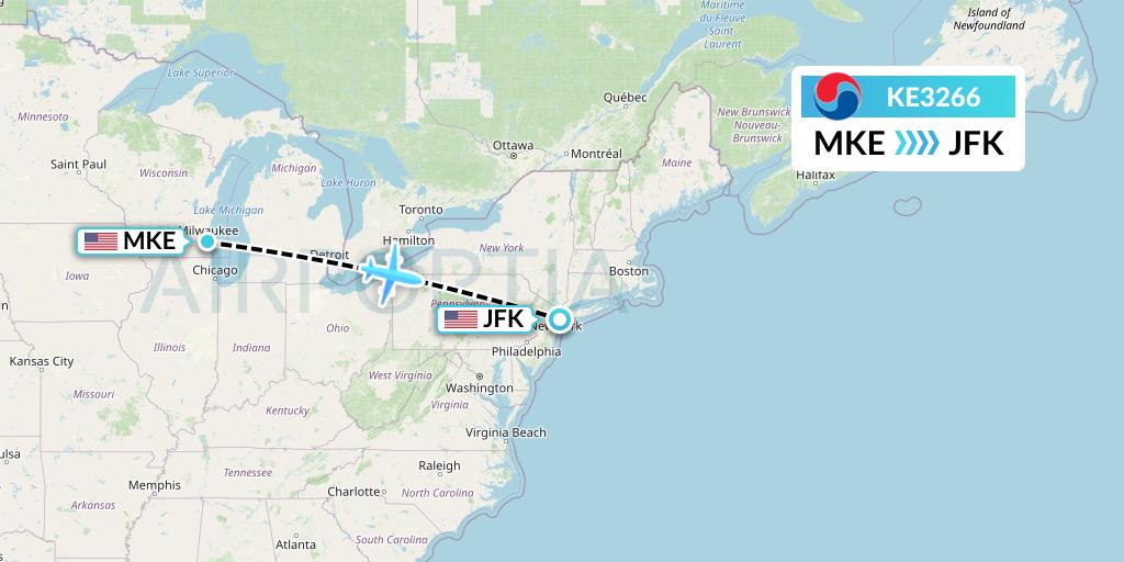 KE3266 Korean Air Flight Map: Milwaukee to New York